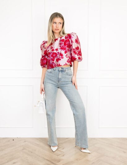 Sharlene top rood met roze jacquard bloemenprint