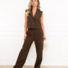 Britt Pantalon Bruin met Elastische Taille en Knoopsluiting