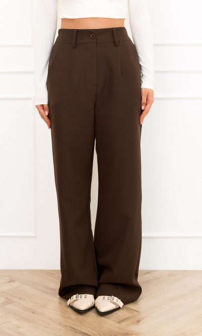 Britt Pantalon Bruin met Elastische Taille en Knoopsluiting