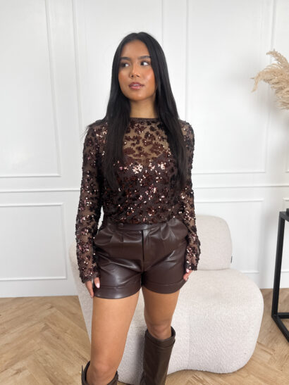 Linde pailletten top bruin